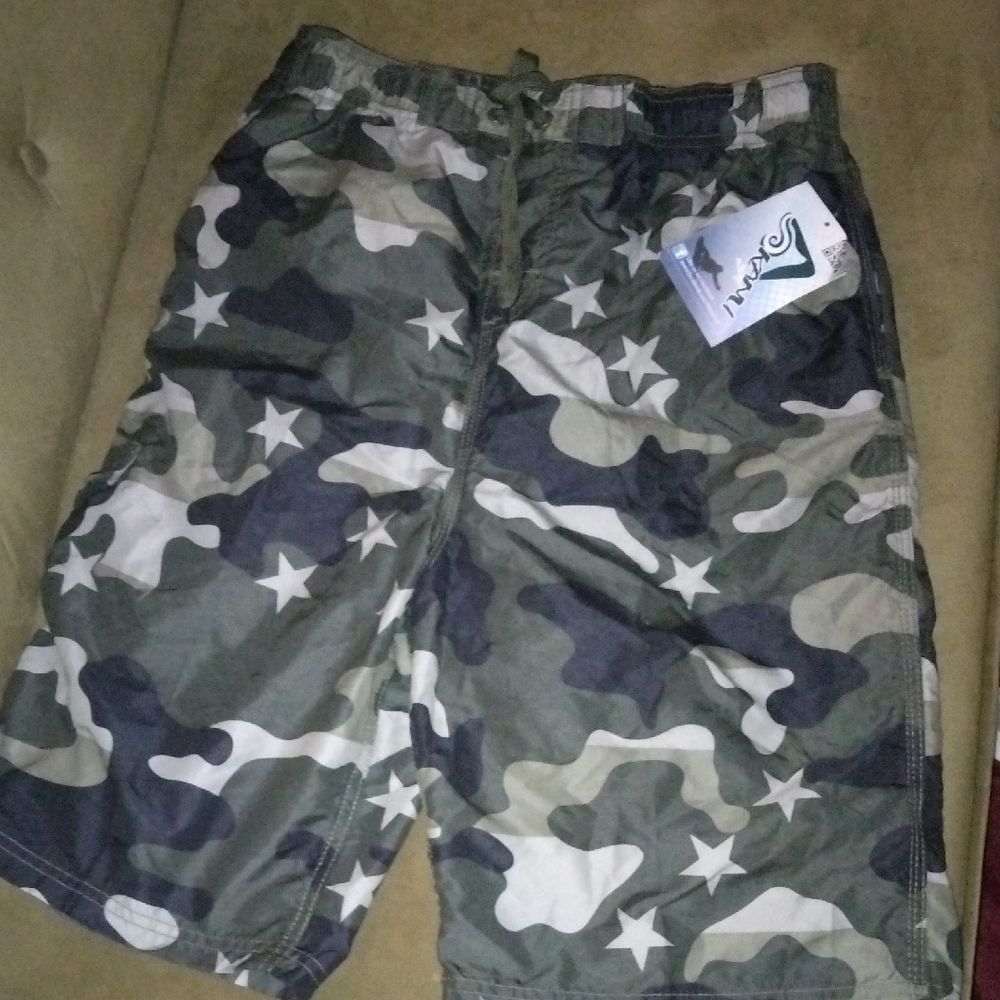 Kanu Surf Men's Olive Green Camo & White Star Athletic Shorts